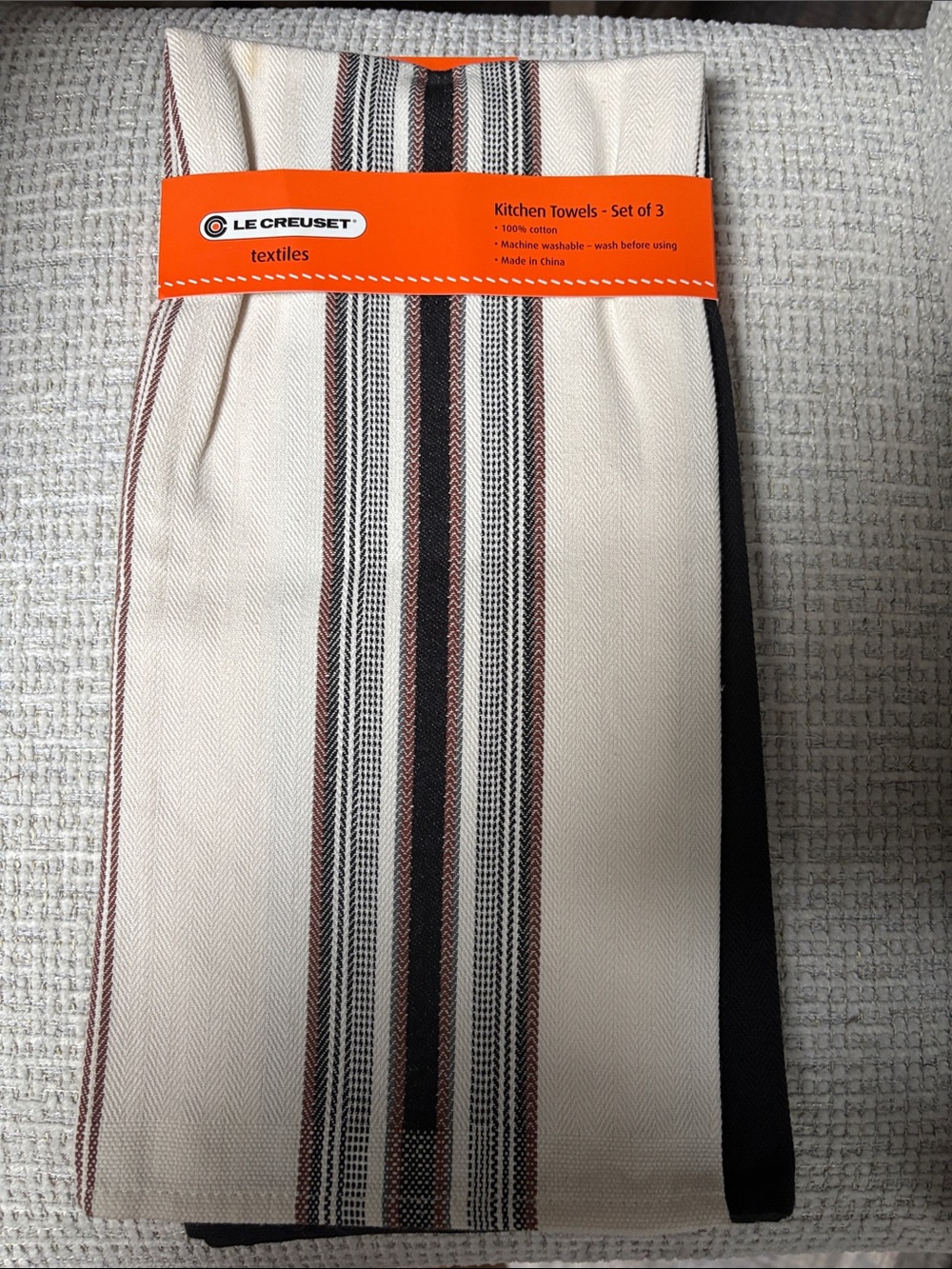 Le Creuset Cream and Black Striped Cotton Kitchen Towels - Set of 3